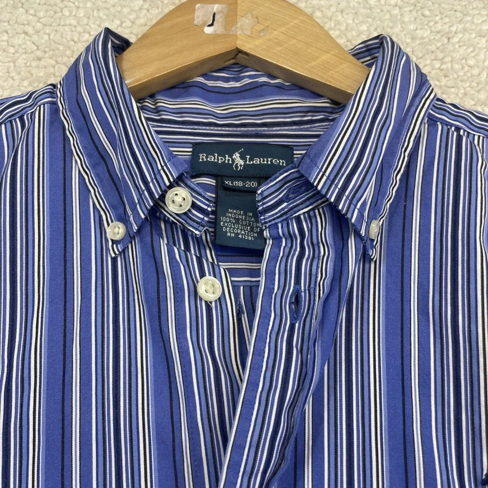 Ralph Lauren Button Down Boy XL Blue Striped Pony Logo Long Sleeve Shirt